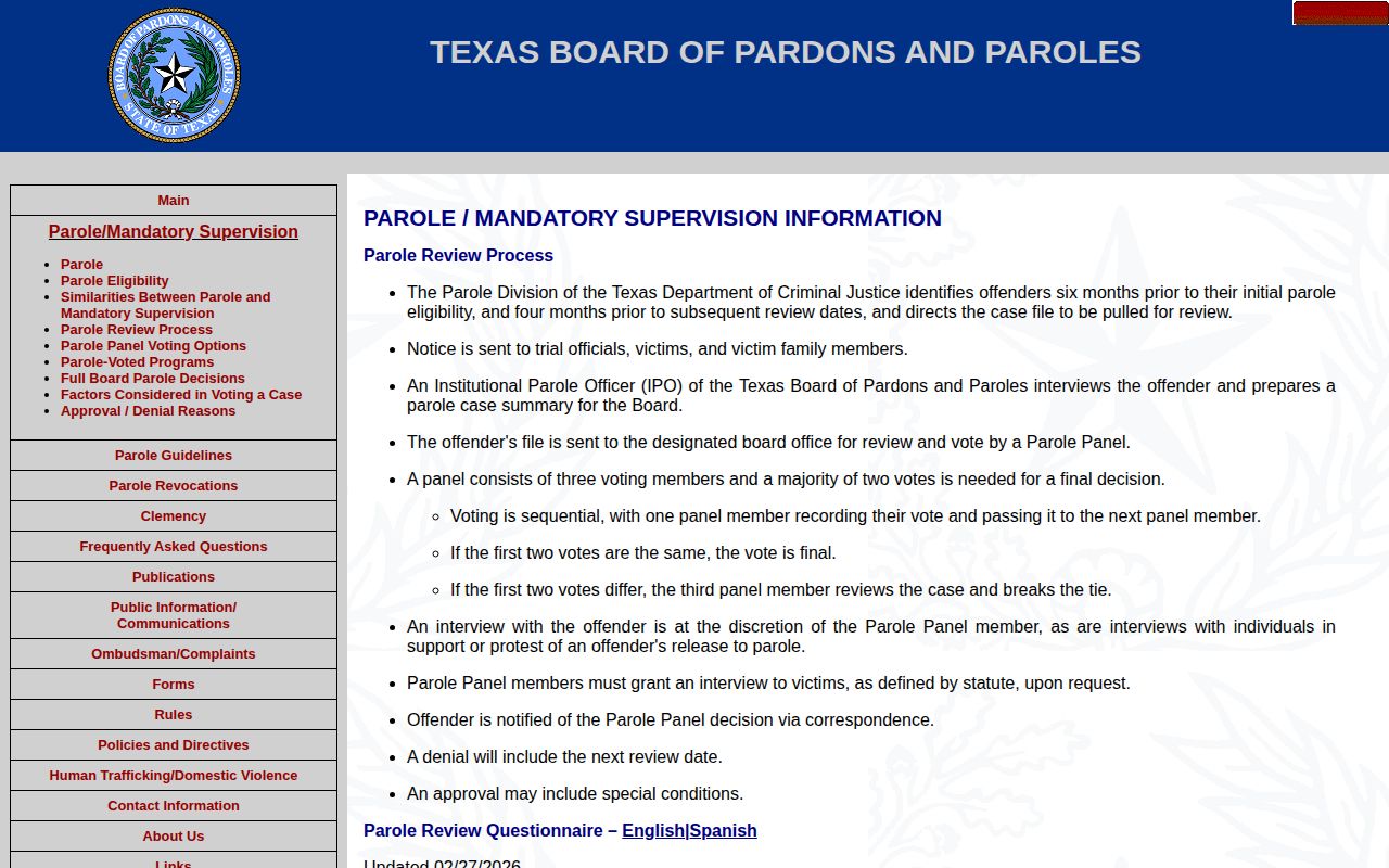 Runnels County parole review and release workflow